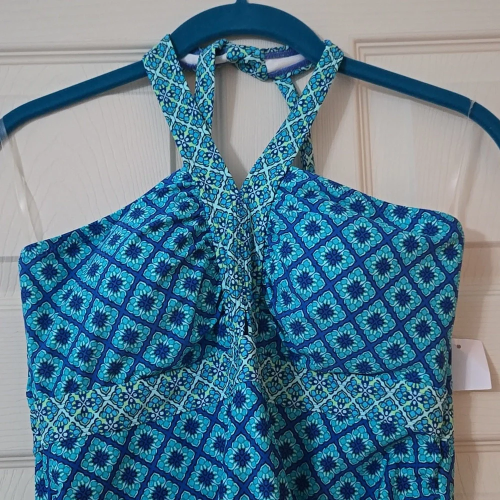 NWT Motherhood Maternity Blue Patterned Halter One-Piece Swimsuit - Picture 3 of 9